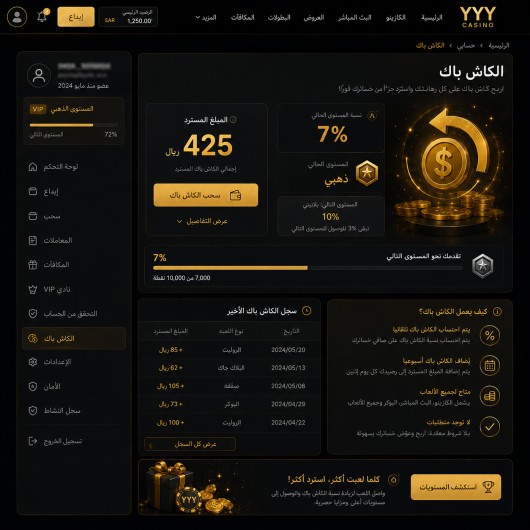 صورة لقسم الكاش باك داخل الحساب YYY تُظهر المبلغ المسترد ونسبة المستوى الحالي.