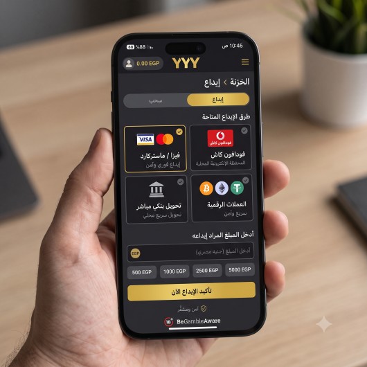 قسم الصرافة داخل موقع YYY للجوال، تظهر فيها خيارات الإيداع المتاحة وحقل إدخال المبلغ.